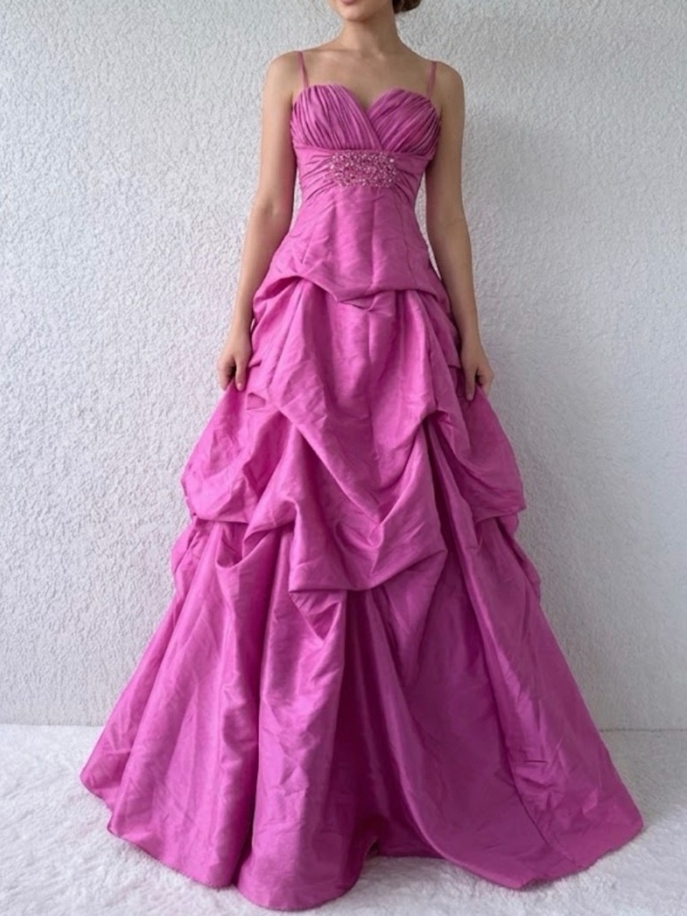 Strapless Pink Ball Gown Dress with Ruching and Embellished Bodice